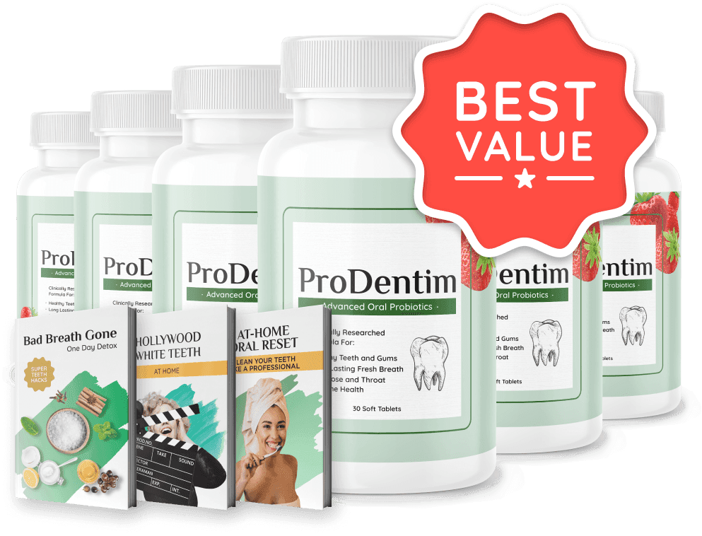 Six-bottle ProDentim package graphic supplied by the seller